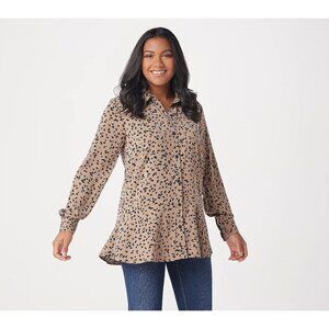 Susan Graver Printed Stretch Peachskin Peplum Big Shirt Womens XS Mushroom NEW